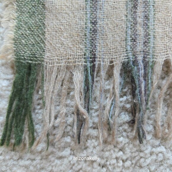 Amicale Cashmere Woven Plaid Fringe Tan Brown Green - Picture 7 of 12